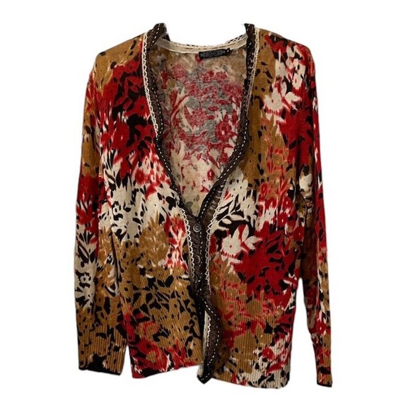Zozo Knit Cardigan Sweater Linen Blend Size L Button Front Floral Thin - Picture 1 of 10